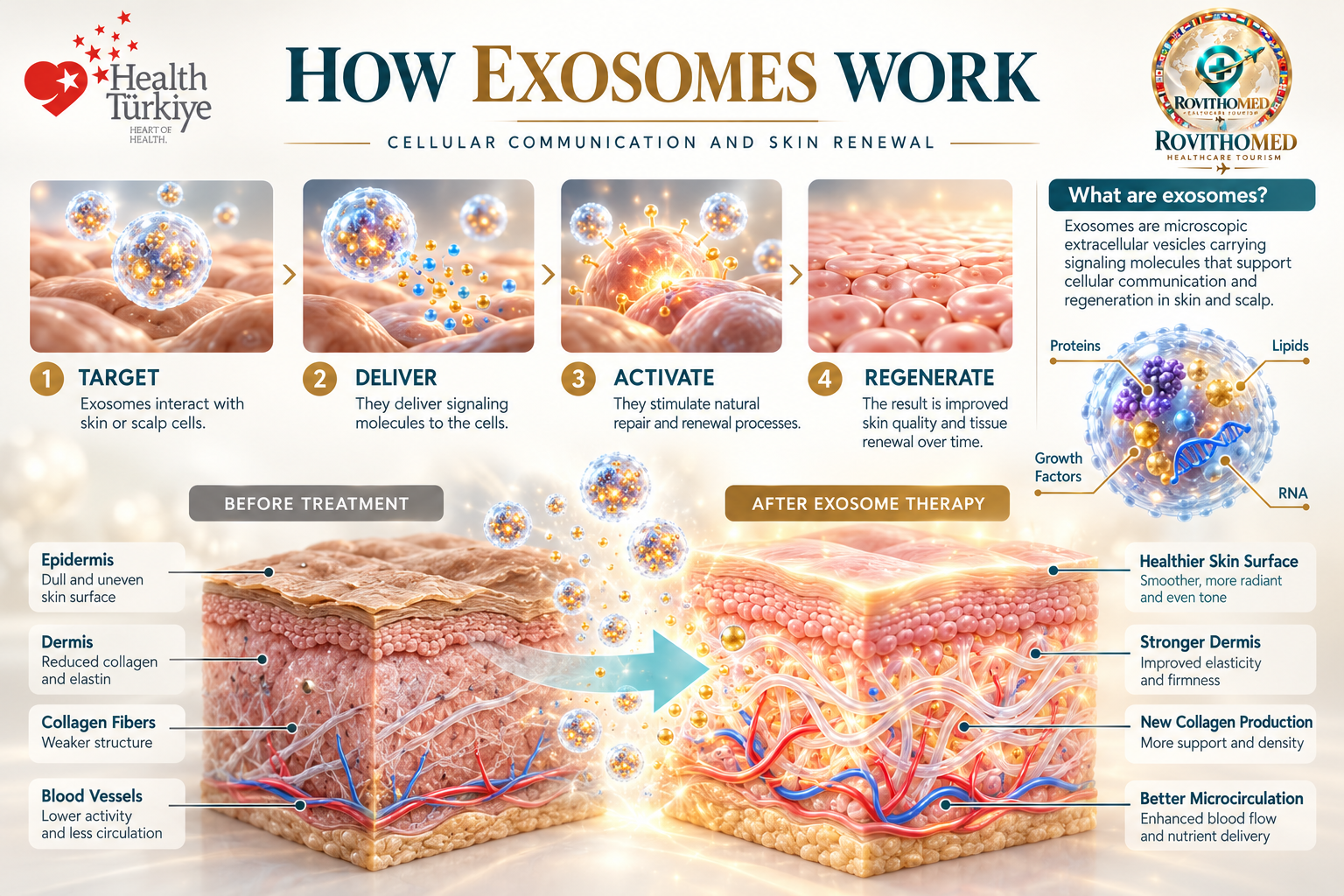 how exosomes work, including cellular communication, skin renewal and before-and-after skin structure changes